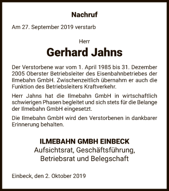 Todesanzeige von Gerhard Jahns von HNA