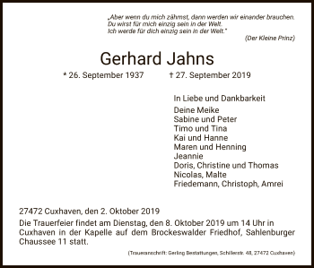 Todesanzeige von Gerhard Jahns von HNA