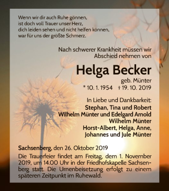 Todesanzeige von Helga Becker von HNA