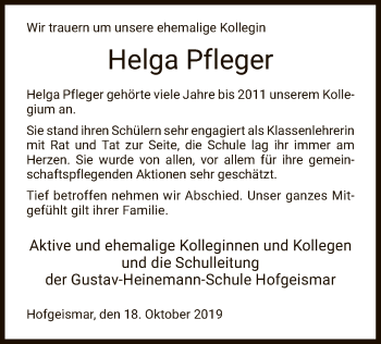 Todesanzeige von Helga Pfleger von HNA
