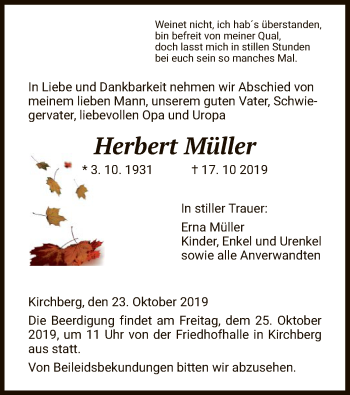 Todesanzeige von Herbert Müller von HNA