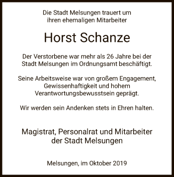 Todesanzeige von Horst Schanze von HNA