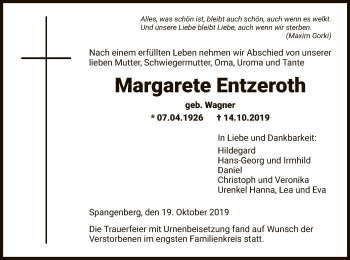 Todesanzeige von Margarete Entzeroth von HNA