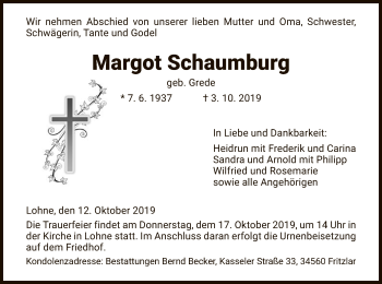Todesanzeige von Margot Schaumburg von HNA