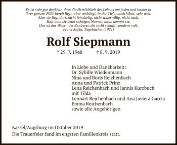 Todesanzeige von Rolf Siepmann von HNA