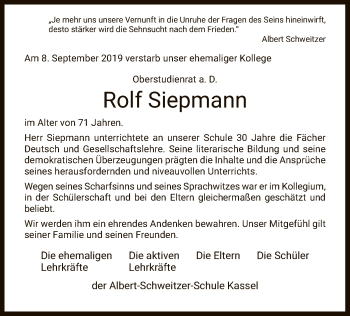 Todesanzeige von Rolf Siepmann von HNA