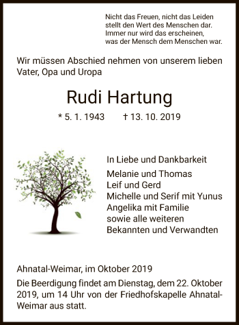 Todesanzeige von Rudi Hartung von HNA