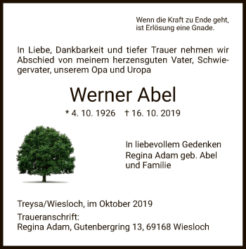 Todesanzeige von Werner Abel von HNA