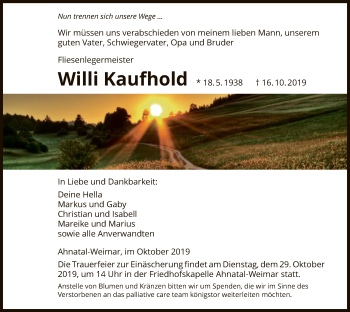 Todesanzeige von Willi Kaufhold von HNA