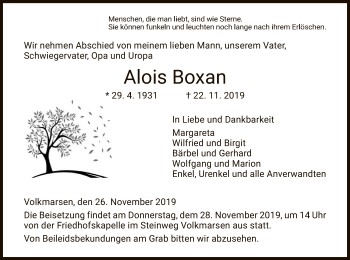 Todesanzeige von Alois Boxan von HNA