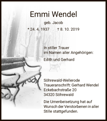 Todesanzeige von Emmi Wendel von HNA