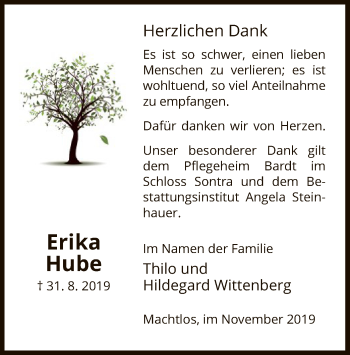 Todesanzeige von Erika Hube von HNA