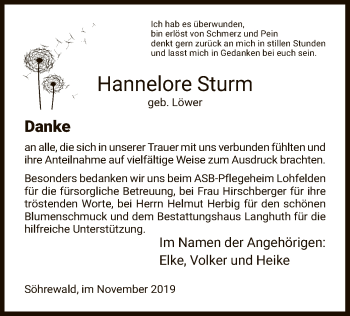 Todesanzeige von Hannelore -Sturm von HNA