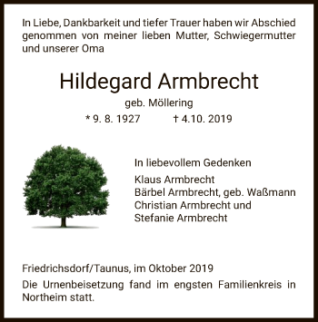 Todesanzeige von Hildegard Armbrecht von HNA