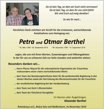 Todesanzeige von Petra und Otmar Berthel von HNA