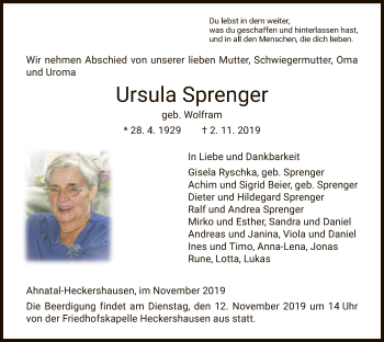 Todesanzeige von Ursula Sprenger von HNA