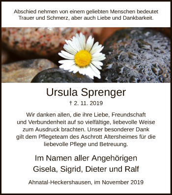 Todesanzeige von Ursula Sprenger von HNA
