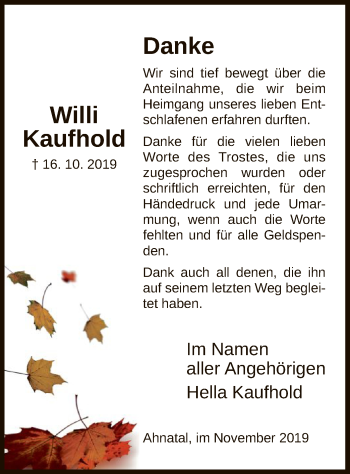 Todesanzeige von Willi Kaufhold von HNA