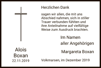 Todesanzeige von Alois Boxan von HNA