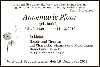 Todesanzeige von Annemarie Pfaar von HNA