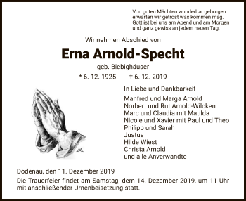 Todesanzeige von Erna Arnold-Specht von HNA