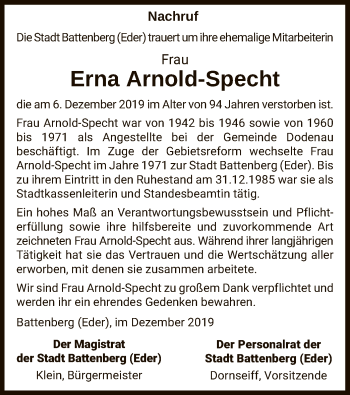 Todesanzeige von Erna Arnold-Specht von HNA