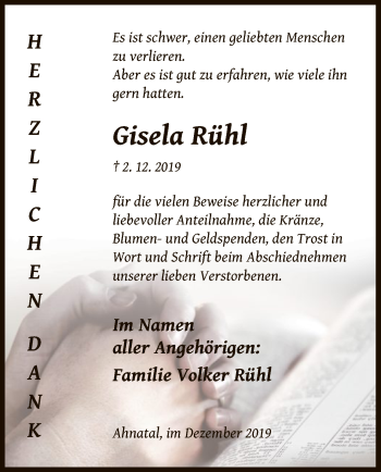 Todesanzeige von Gisela Rühl von HNA