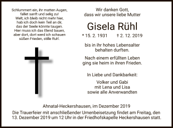 Todesanzeige von Gisela Rühl von HNA