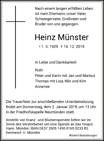 Todesanzeige von Heinz Münster von HNA