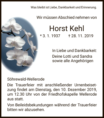 Todesanzeige von Horst Kehl von HNA