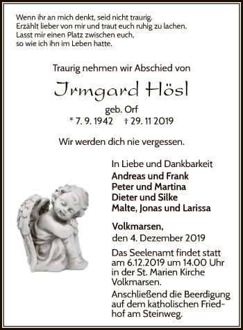 Todesanzeige von Irmgard Hösl von HNA