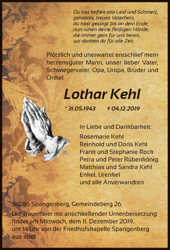 Todesanzeige von Lothar Kehl von HNA
