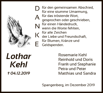 Todesanzeige von Lothar Kehl von HNA