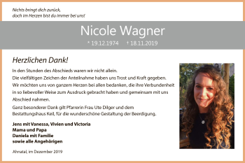 Todesanzeige von Nicole Wagner von HNA