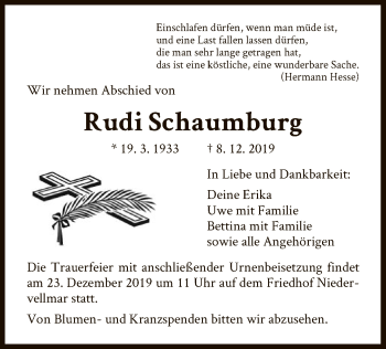 Todesanzeige von Rudi Schaumburg von HNA