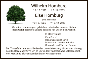Todesanzeige von Wilhelm und Else Homburg von HNA