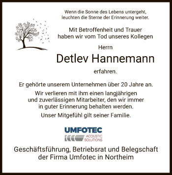 Todesanzeige von Detlev Hannemann von HNA