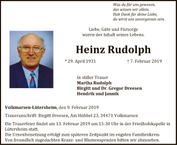 Todesanzeige von Heinz Rudolph von HNA