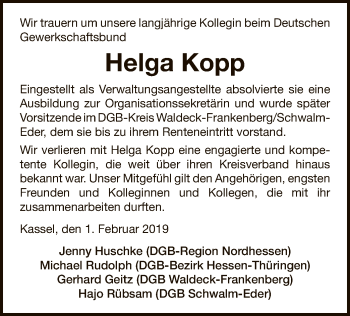 Todesanzeige von Helga Kopp von HNA