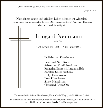 Todesanzeige von Irmgard Neumann von HNA
