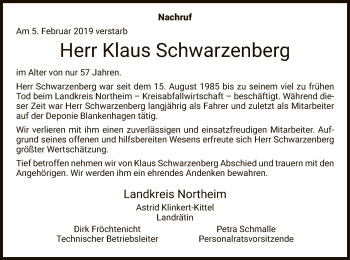 Todesanzeige von Klaus Schwarzenberg von HNA