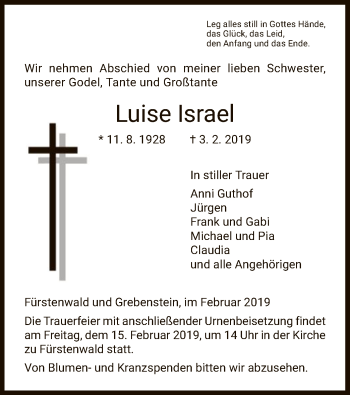 Todesanzeige von Luise Israel von HNA