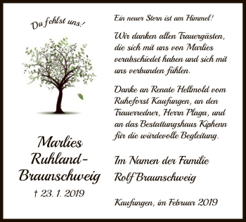 Todesanzeige von Marlies Ruhland-Braunschweig von HNA