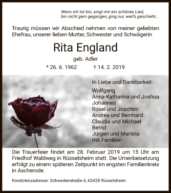 Todesanzeige von Rita England von HNA