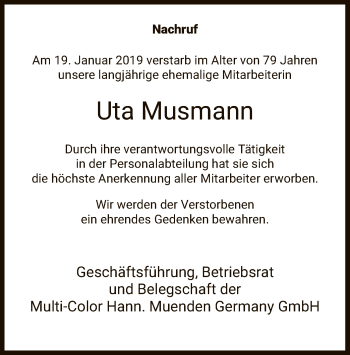 Todesanzeige von Uta Musmann von HNA
