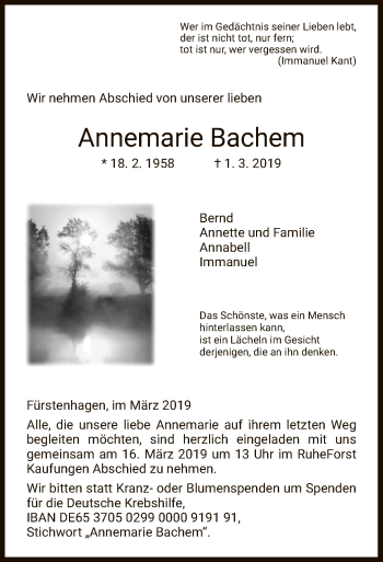 Todesanzeige von Annemarie Bachem von HNA