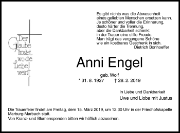 Todesanzeige von Anni Engel von HNA