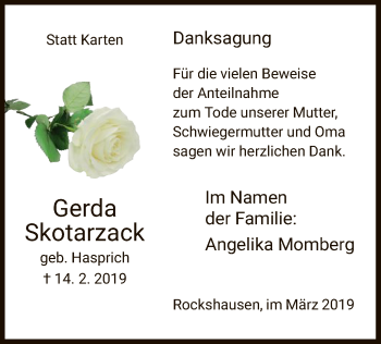 Todesanzeige von Gerda Skotarzack von HNA