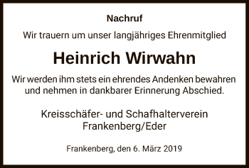 Todesanzeige von Heinrich Wirwahn von HNA