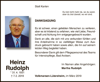Todesanzeige von Heinz Rudolph von HNA